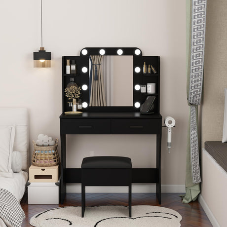 Set with Mirror, LED Lights and Power Outlet Makeup Table with 2 Large Drawers and Round Holder,