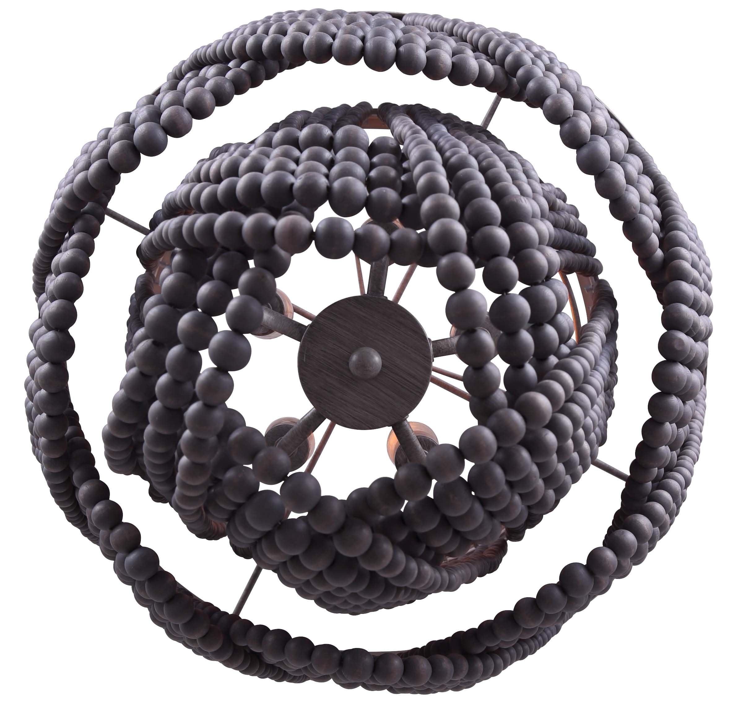 Grey Wood Bead Chandelier - 5-Light Modern Farmhouse Pendant