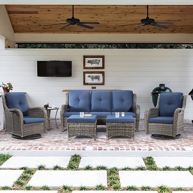 5 Piece Outdoor Patio Furniture Set Wicker Conversation Bistro Set Swivel Rocking Chairs with Side Table and Ottomans for Backyard, Porch, Deck(Mixed Grey/Orange)