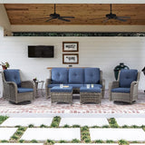 5 Piece Outdoor Patio Furniture Set Wicker Conversation Bistro Set Swivel Rocking Chairs with Side Table and Ottomans for Backyard, Porch, Deck(Mixed Grey/Orange)