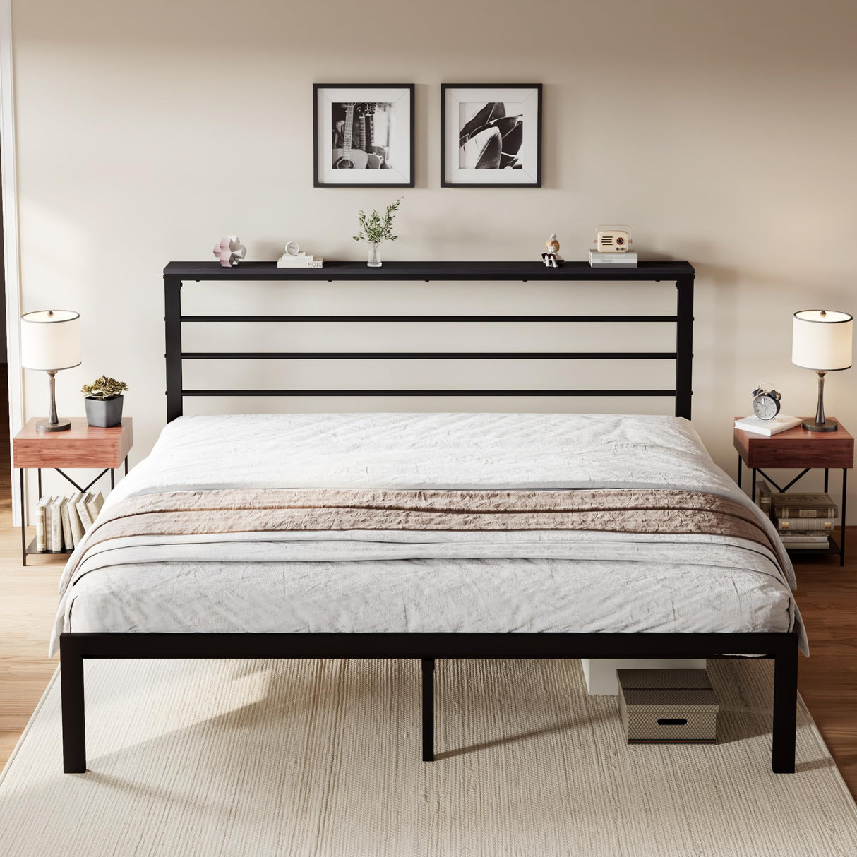 King Size Bed Frame with Headboard Shelf, Heavy Duty Platform Bed Frame with Strong