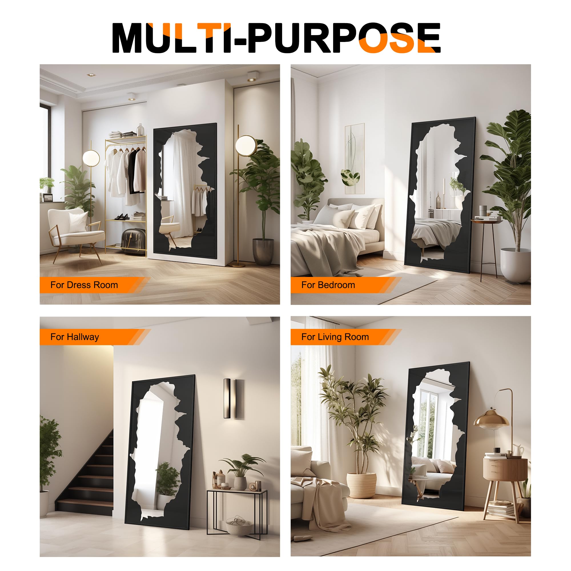 Full-Length Mirror Free Standing Leaning Mirror with Artistic Black Abstract Overlay Deco, 55"x28" Shatterproof Wall-Mounted Mirror, Perfect for Living Room, Bedroom, Cloakroom, and Bathroom Decor