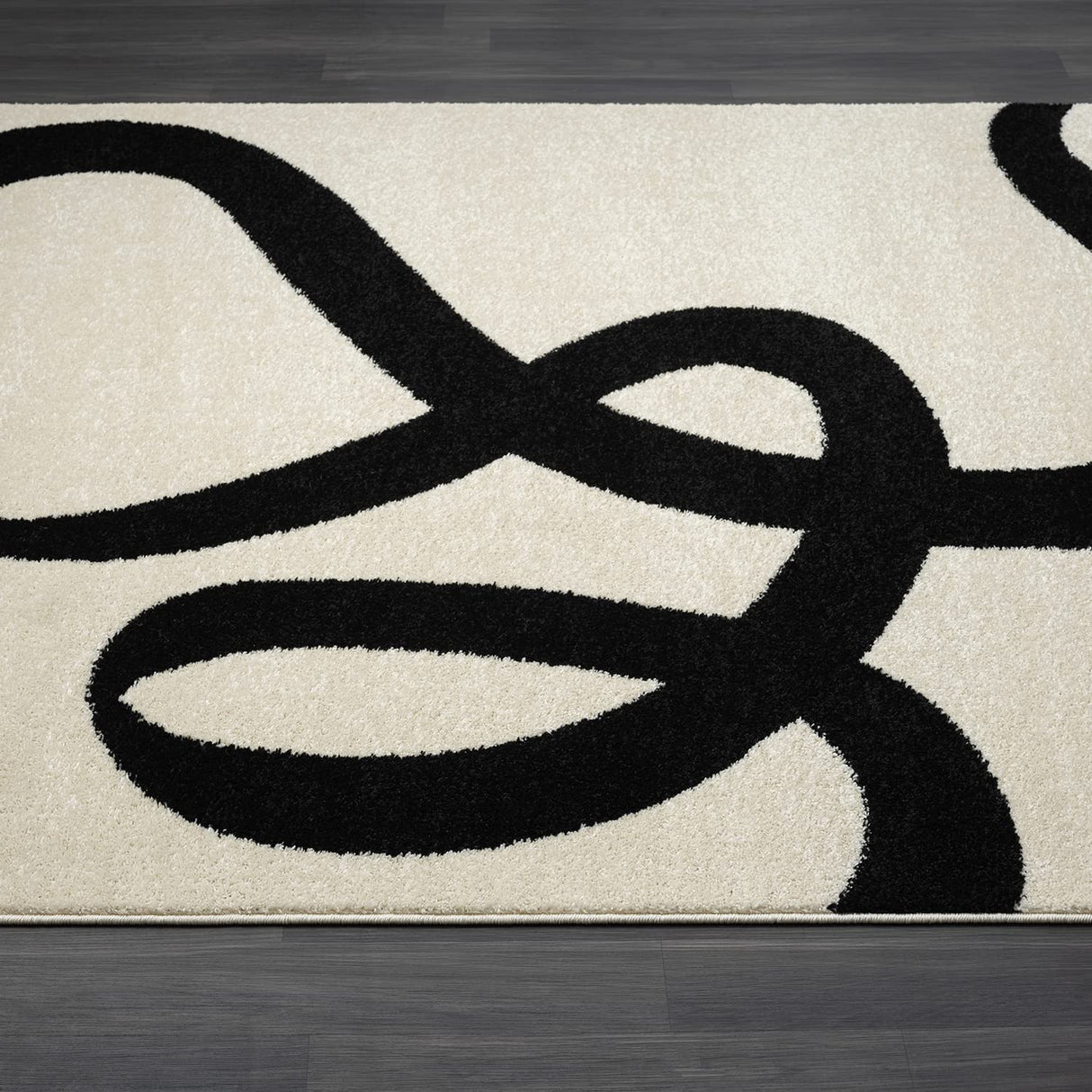 Abstract Beige/Black Area Rug - 4'x6' - Modern Curved Line Design - Deco Collection -