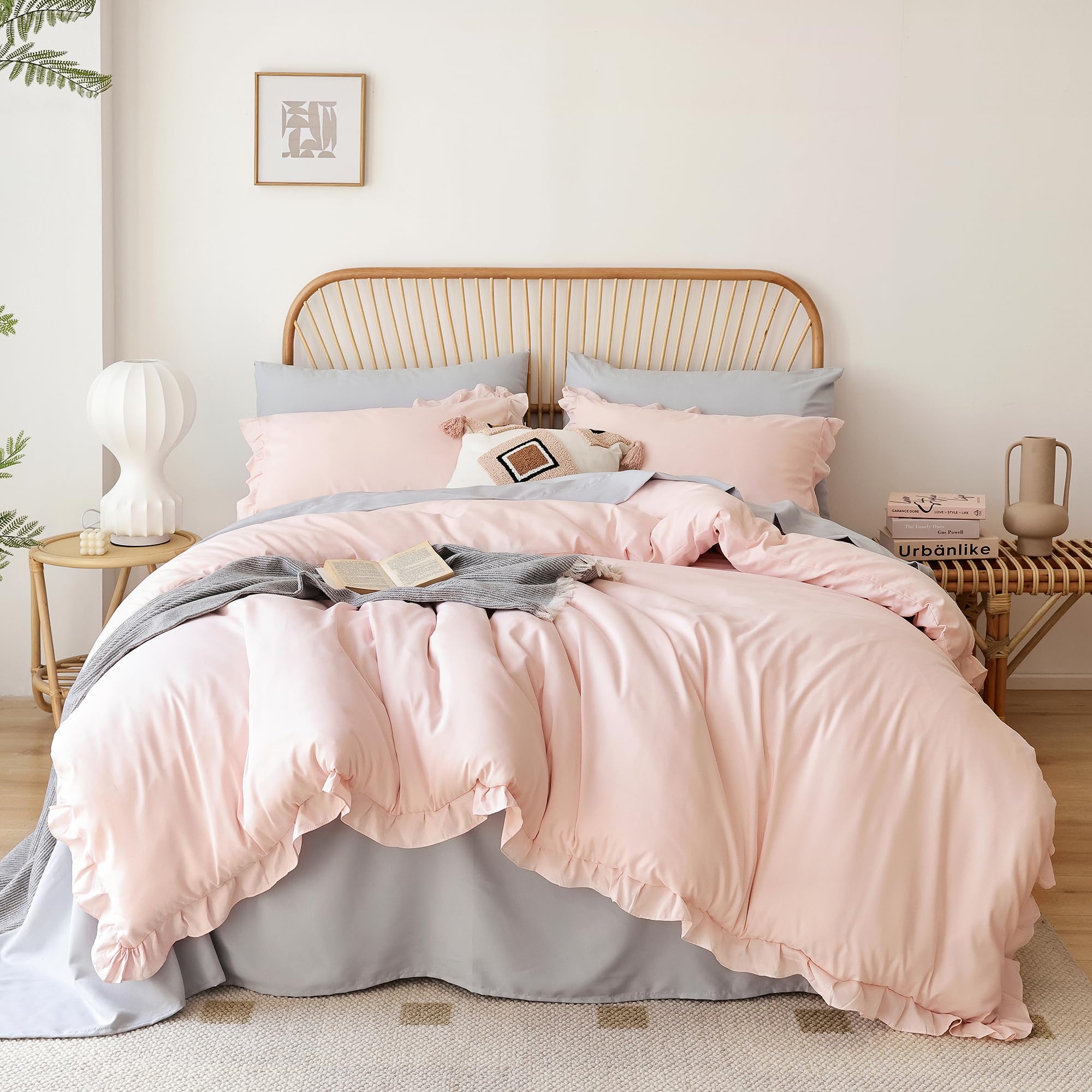 California King Comforter Set Beige Ruffle Comforter 3PCS Soft Fluffy Boho Comforter