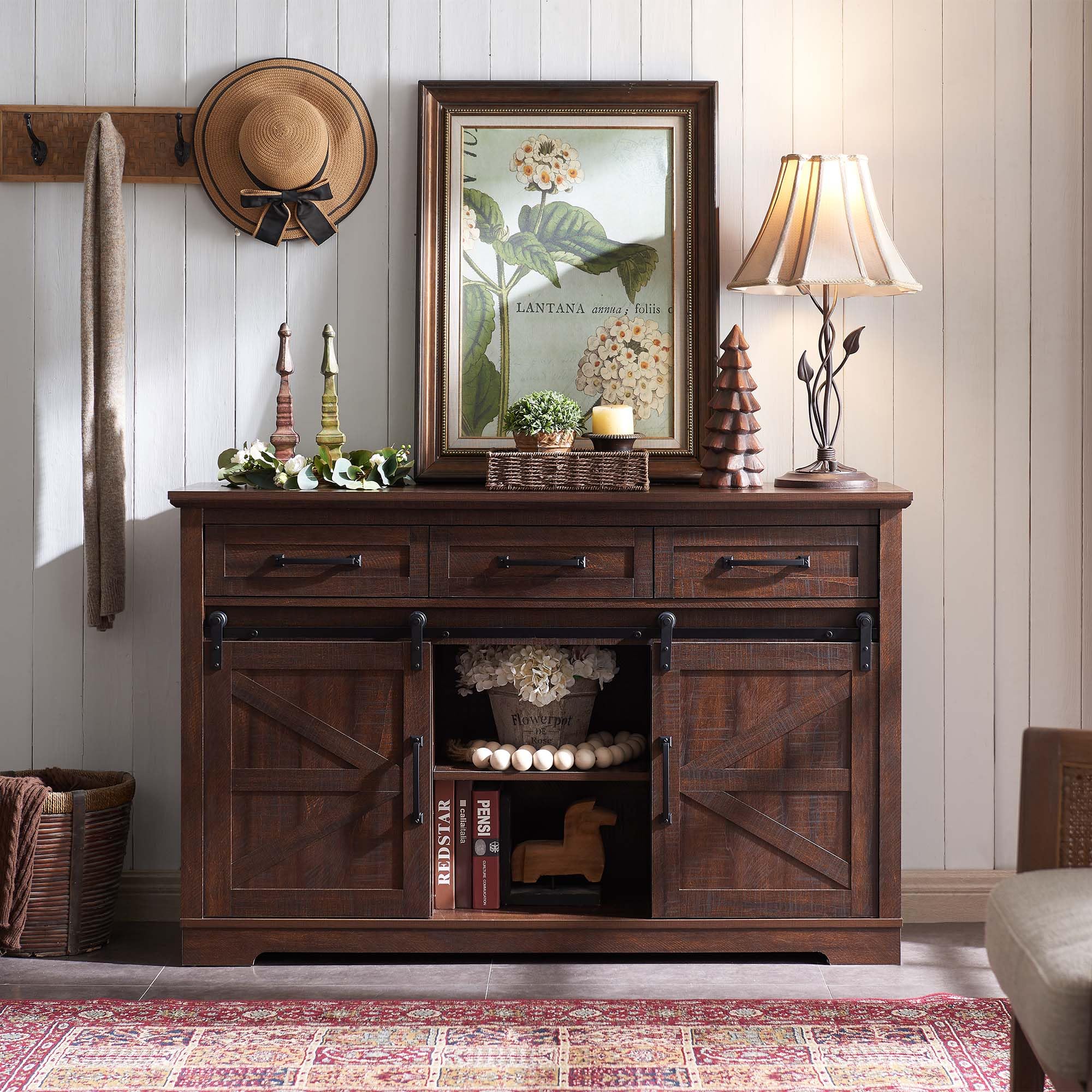 Farmhouse Buffet Cabinet, 53” Sideboard Cabinet w/3 Drawer, Rustic Storage Cabinet