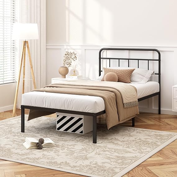 12-Inch Queen Bed Frame with Minimalist Headboard - Black Metal Platform