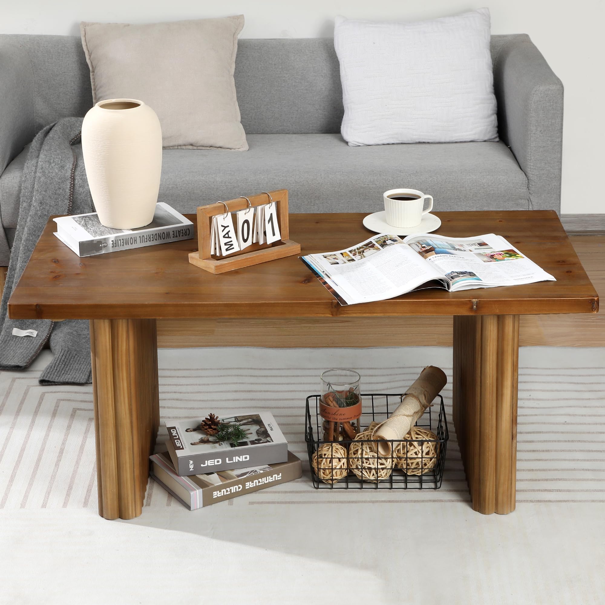 Farmhouse Fluted Coffee Table, Rectangle Solid Wood Living Room Table