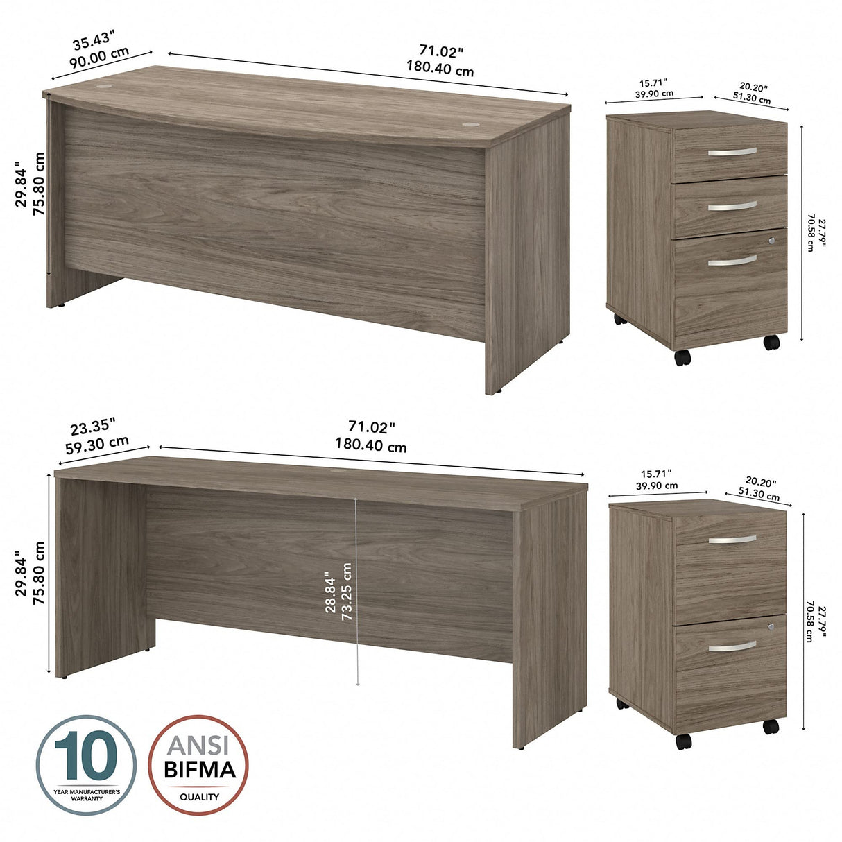 Studio C Bow Front Desk and Credenza with Mobile File Cabinets, 72W x 36D