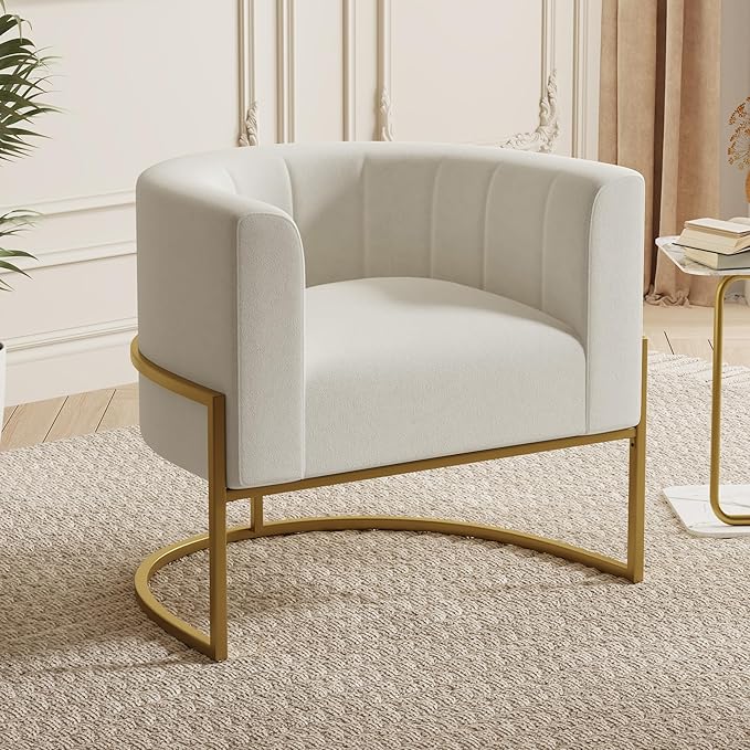 Velvet Accent Chair Invory Modern Comfy Upholstered Barrel Chair Padded Seat, Wide Arm Chairs for Reading Living Room Bedroom Club Side Chairs with Gold Metal Stand