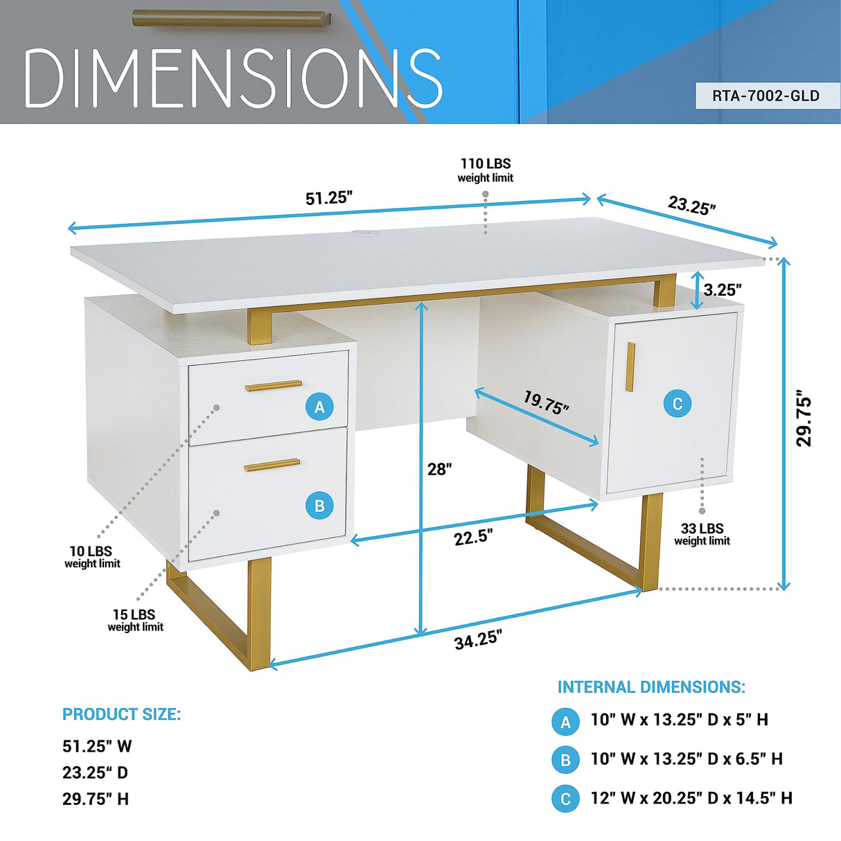 Storage Drawers and Cabinet 51.25” W-Modern Office Large Floating Desktop Surface Desk