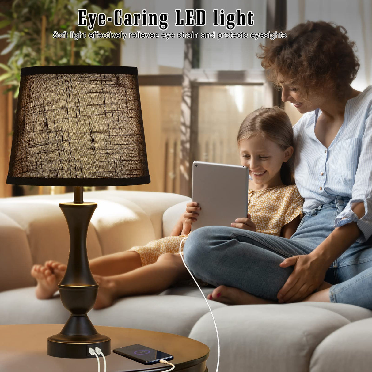 Touch Table Lamps Set of 2, 22" Tall Bedside Lamps with USB C+A Charging Ports,