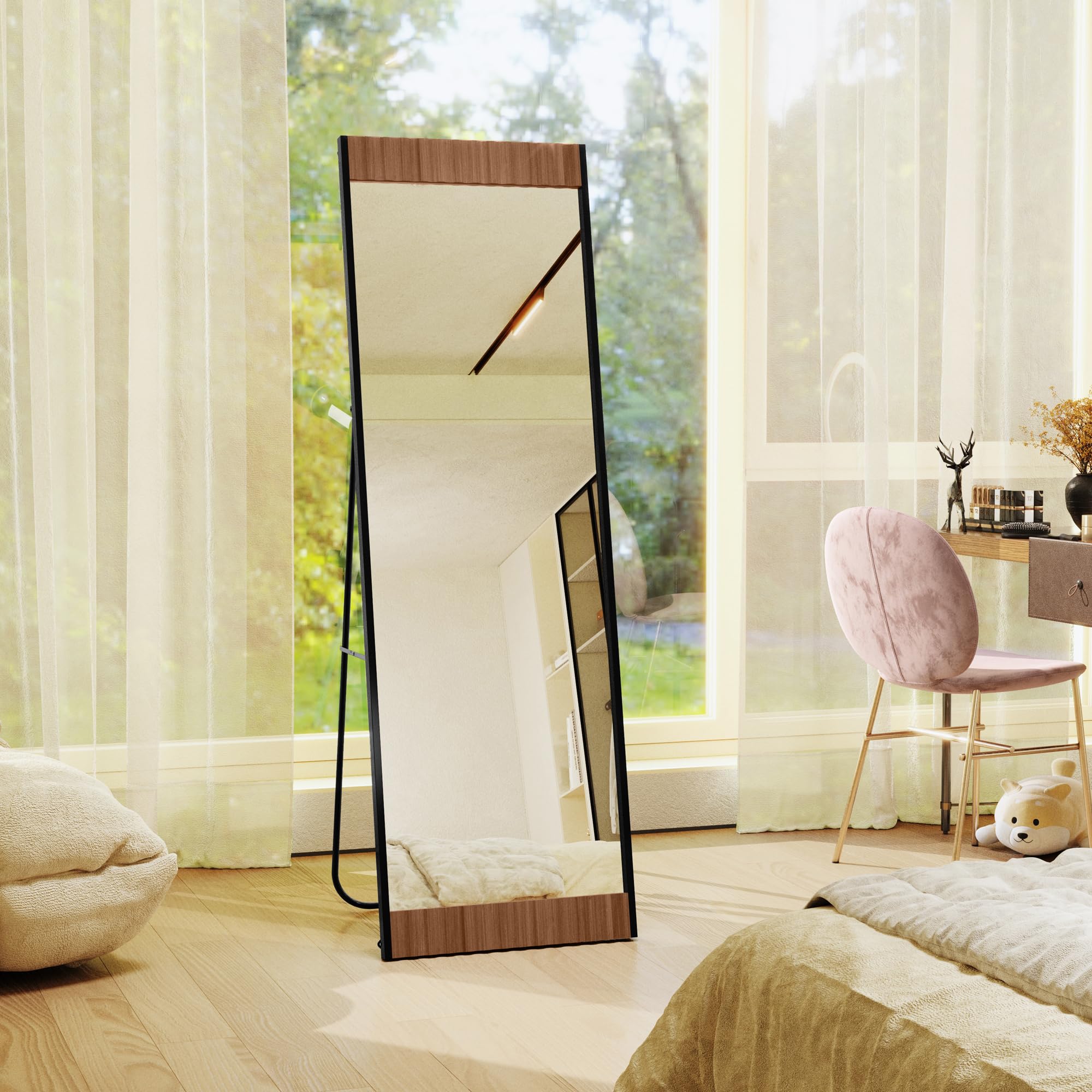 Wood Full Length Mirror with Stand, Large Wall Mirror Full Length Fluted Texture