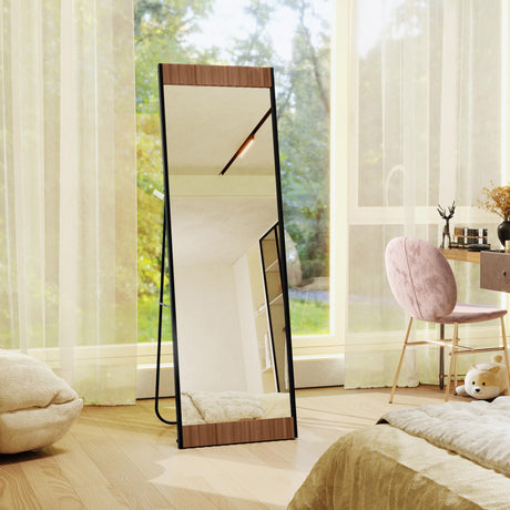 Wood Full Length Mirror with Stand, 65"x21" Large Wall Mirror Full Length Fluted Texture