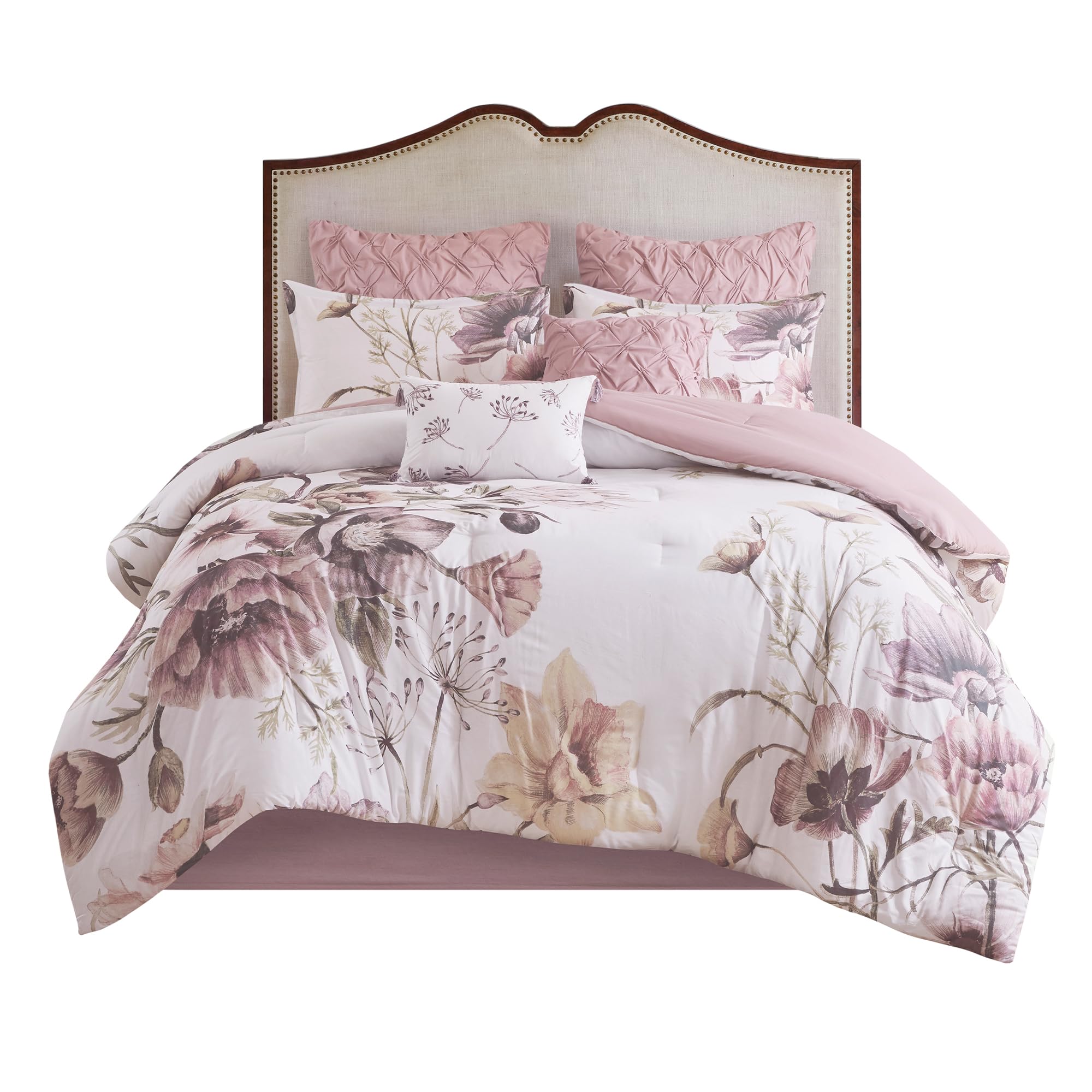 Floral Queen Comforter Set, Cotton Rich Bedding Set Feminine Design Shabby Chic Queen