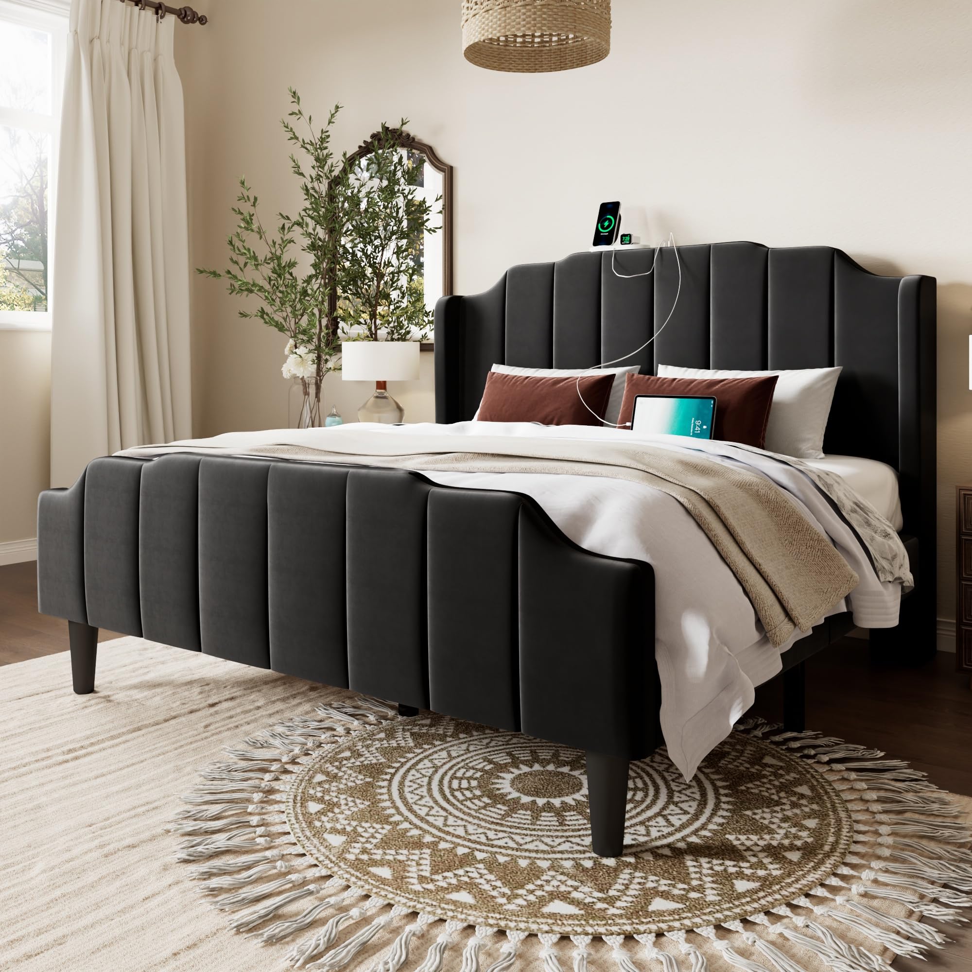 Vintage Full Size Velvet Platform Bed Frame with Tufted Wingback Headboard