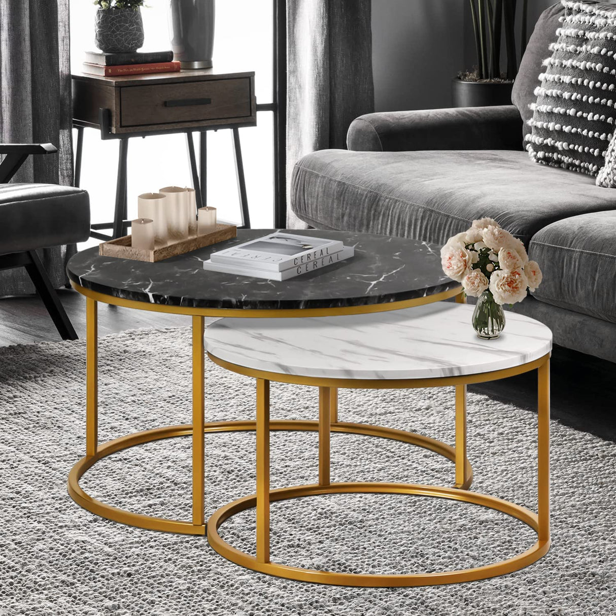 35" Coffee Table Set of 2 Nesting Round Accent Side Tables with Sturdy Metal Frame