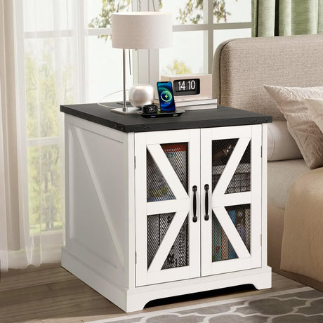 Farmhouse End Table, 24" Large Sofa Side Table with Charging Station