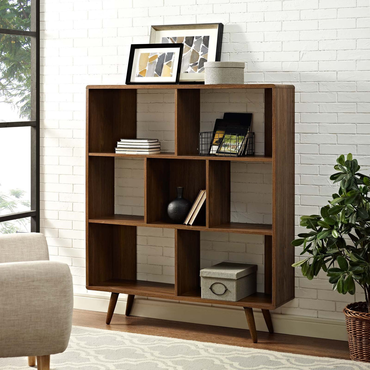 Transmit Mid-Century Offset Cube Wood 7 tier Bookcase in Walnut