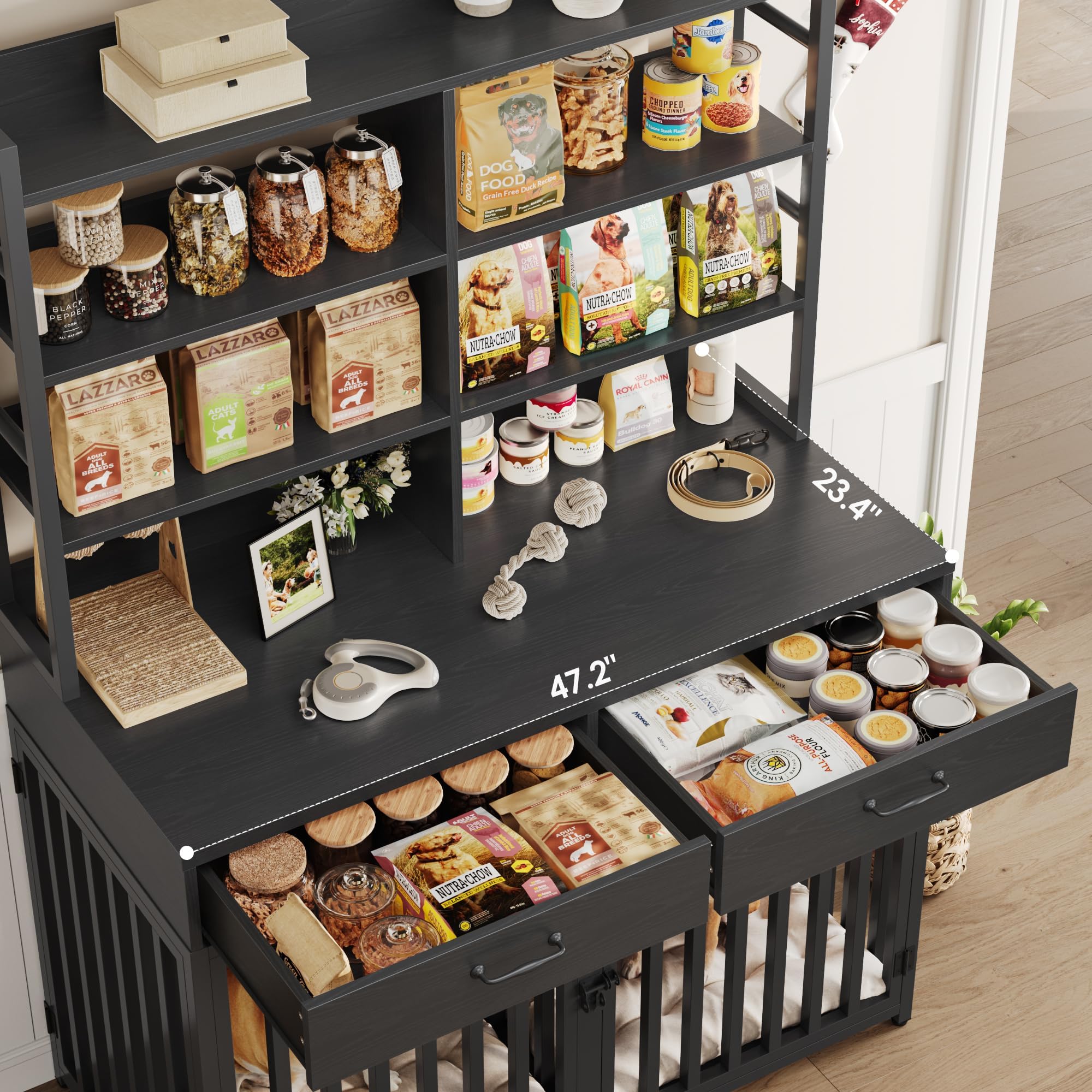 Large Dog Crate Furniture with Storage - 71H x 47W Heavy Duty Indoor Kennel