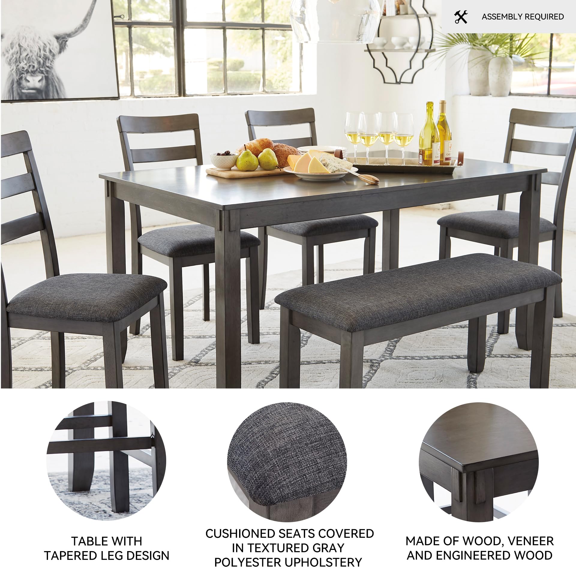 Bridson 6-Piece Dining Set with Bench - Gray