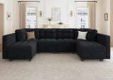 Modular Sectional Sofa Velvet U Shaped Couch with Double Chaises 6 Seater Sectional Sofa with Storage, Black