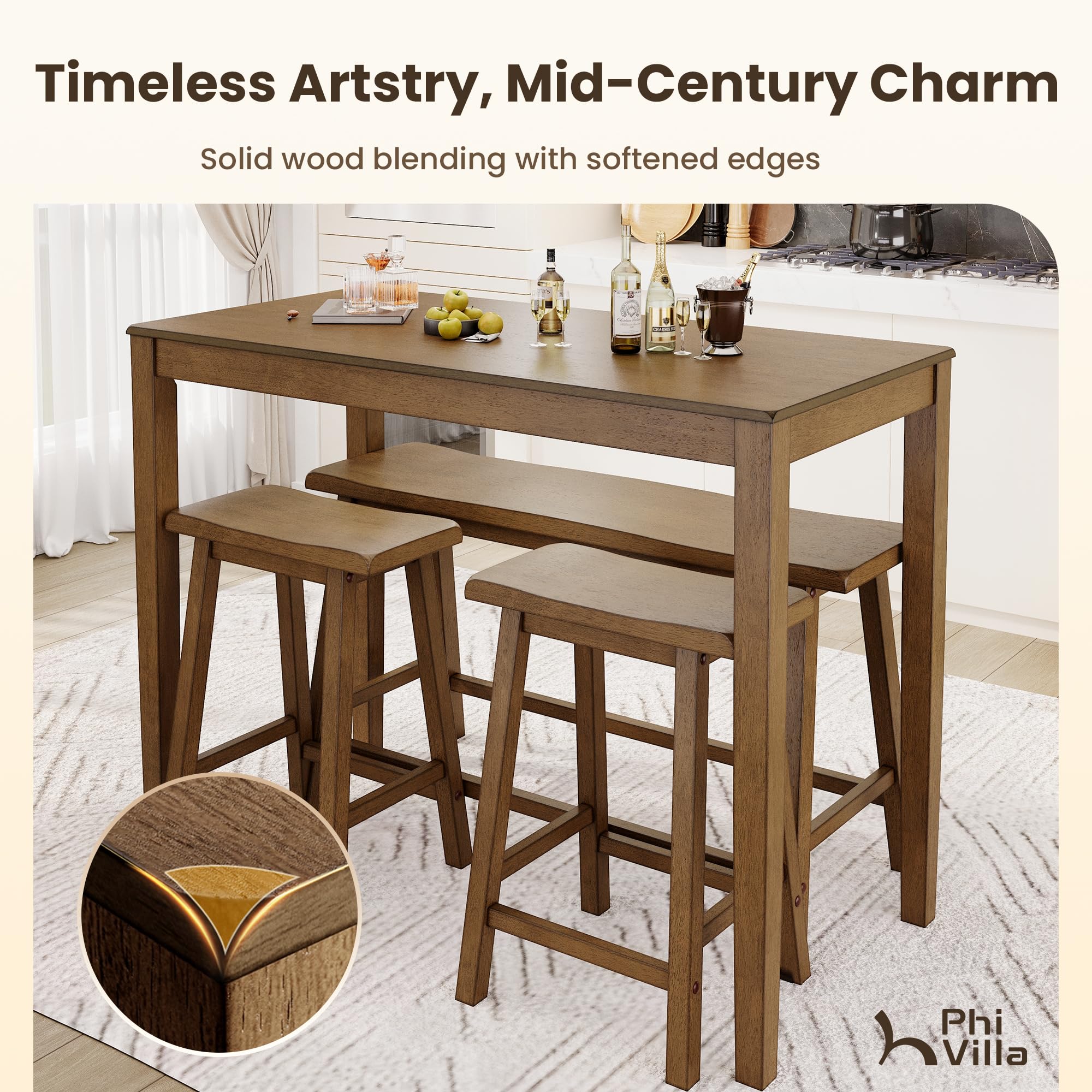 Counter Height Dining Set for 4 - Rustic Farmhouse Table with Bench