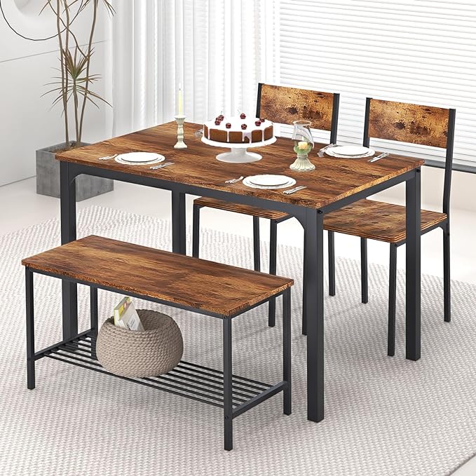 4-Piece Kitchen Table and 2 Chairs for 4 with Bench, Dining Table Set for Small Space