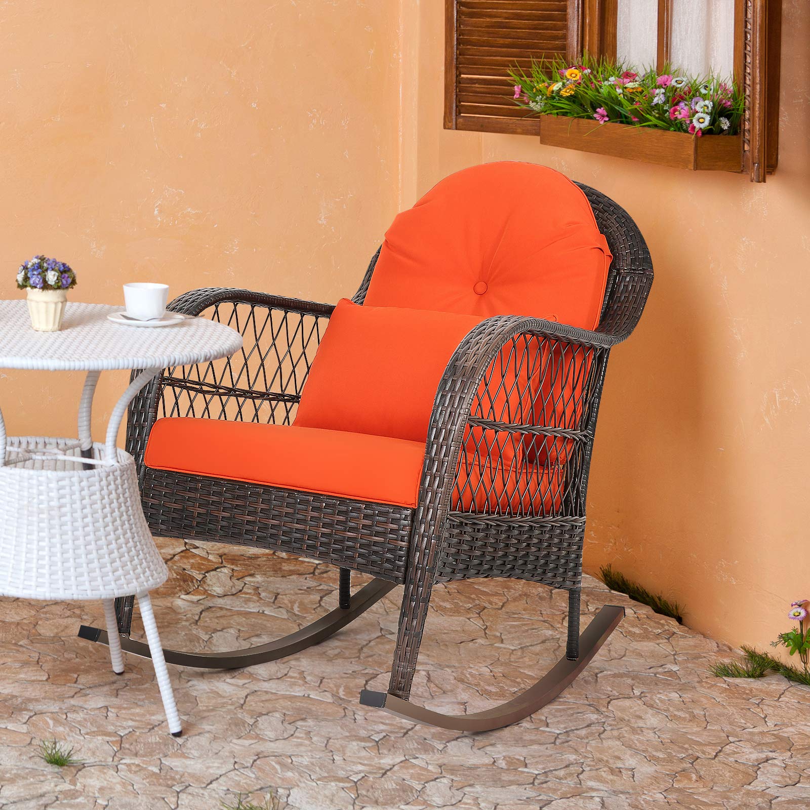 Outdoor Wicker Rocking Chair, All- Weather Rattan Armchair w/Heavy-Duty Steel Frame, Patio Glider Rocker Chair w/Thick Cushions & Lumbar Pillow for Poolside, Garden, Porch, Backyard
