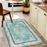 Moespace Oriental Area Rug - 3x5 Washable Rug Boho Non-Slip Indoor Rug for Kitchen Entryway, Low-Pile Front Door Mat Print Distressed Accent Rug for Bedroom Foyer Laundry Sink, Turquoise