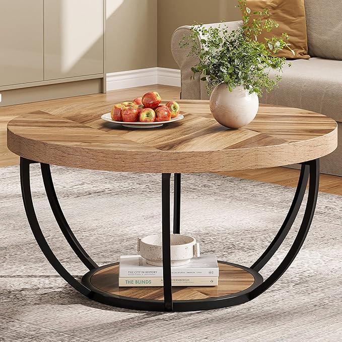 Round Coffee Table, 31.7" Wooden 2-Tier Circle Coffee Table with Storage Shelves