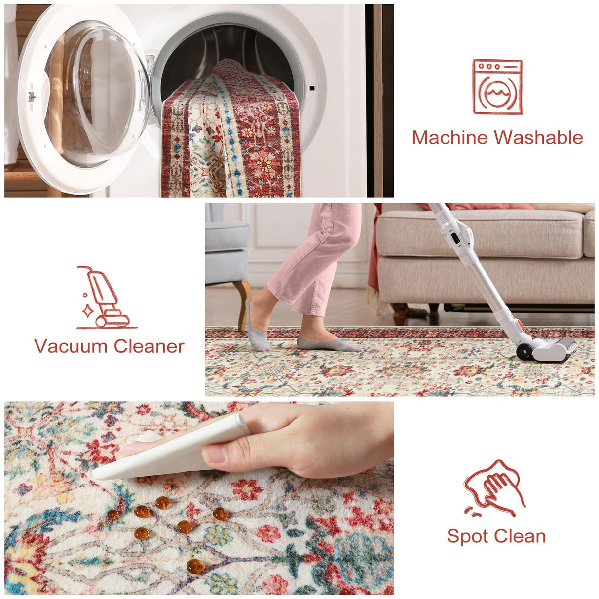 Red 5x7 Area Rugs for Living Room, Washable Rugs for Bedroom Non Slip