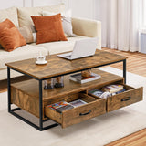 43.5" Coffee Table with Storage Drawers and Open Shelf, Mid-Century Retro Wood Coffee