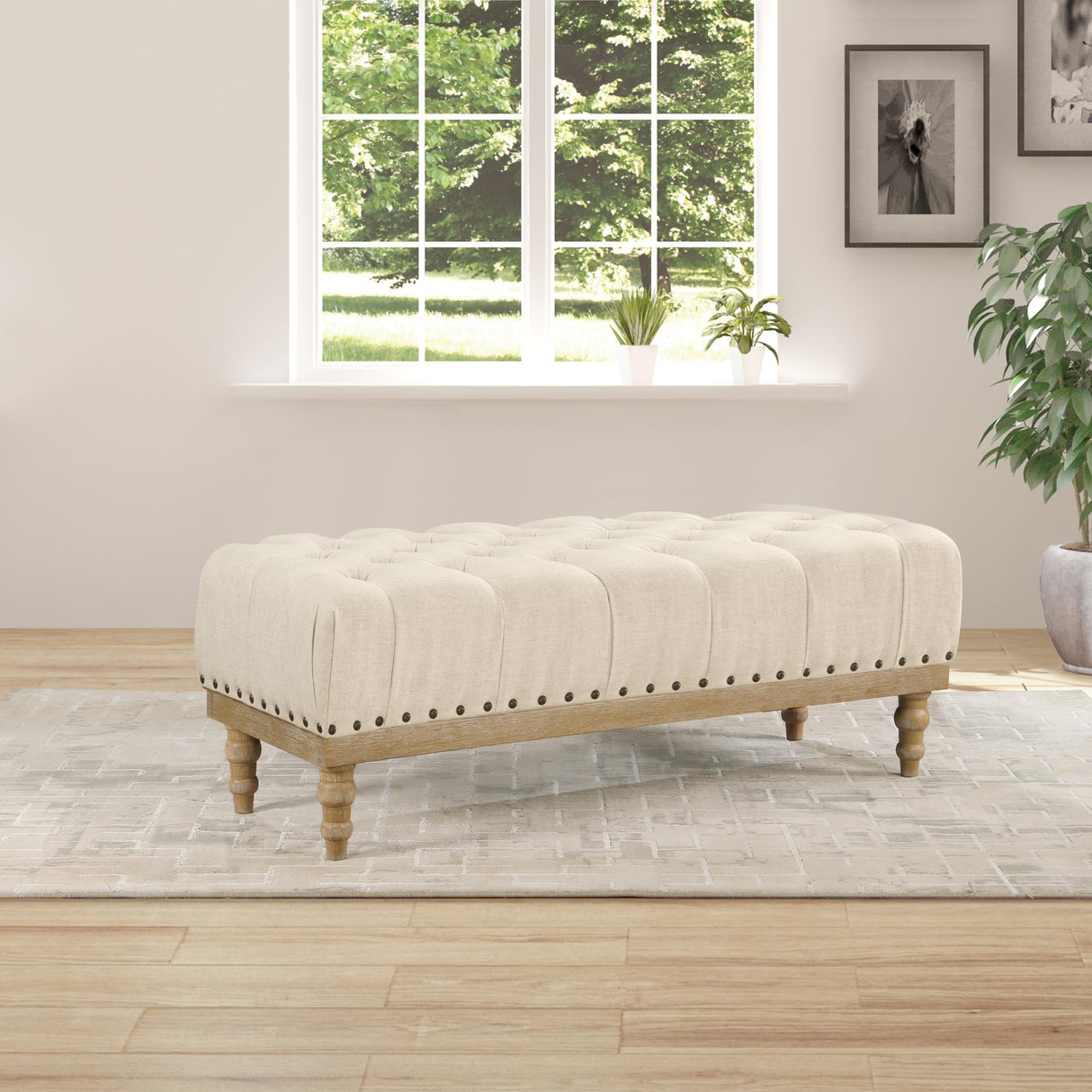 Abigail Bench with Tufted Top and Antique Bronze Nailheads, Linen Fabric