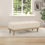 Abigail Bench with Tufted Top and Antique Bronze Nailheads, Linen Fabric