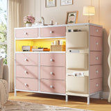 Drawers Dresser for Bedroom with and Charging Station, Long Drawers Dresser, Pink Dressers & Chests of Drawers, Fabric Chest of Drawers with Side Pocket for Girl Bedroom Closet Organizer