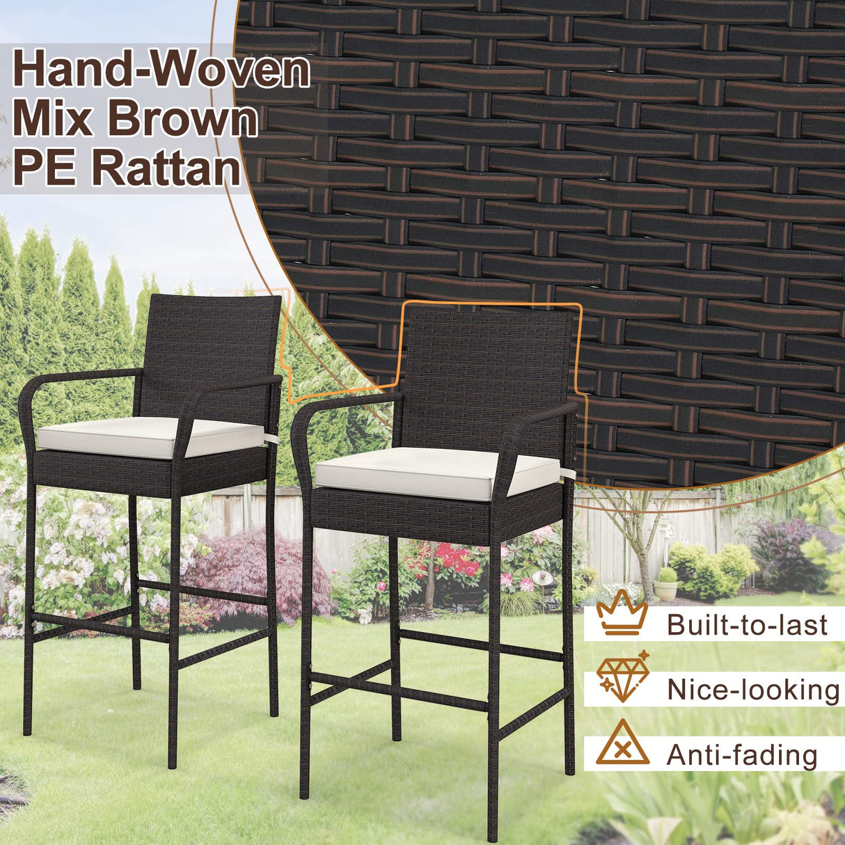 Patio Wicker Barstools Set of 2, Outdoor PE Rattan Bar Chairs with Armrests & Soft Cushiontables