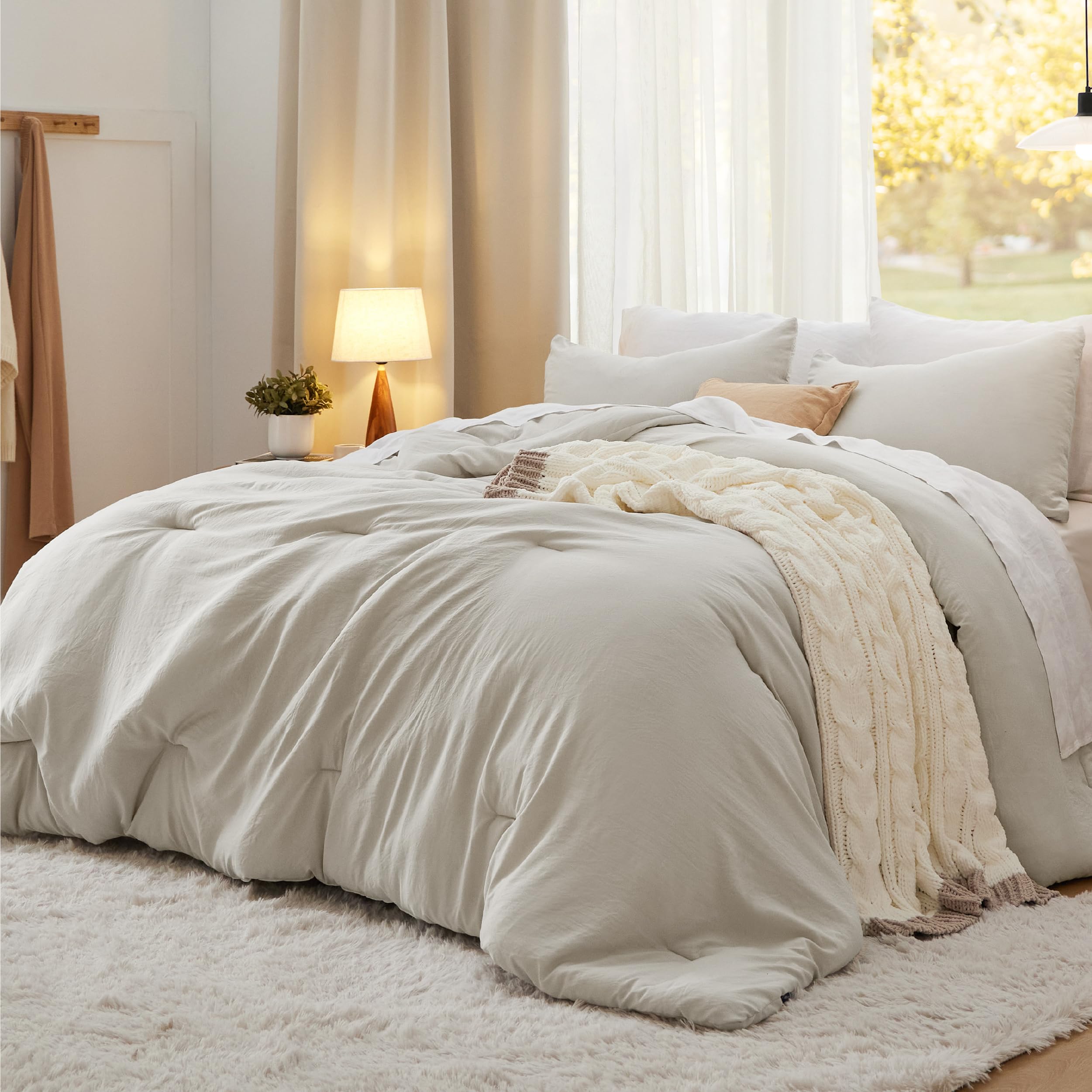 California King Comforter Set - Beige Prewashed Down Alternative Bedding (3-Piece)
