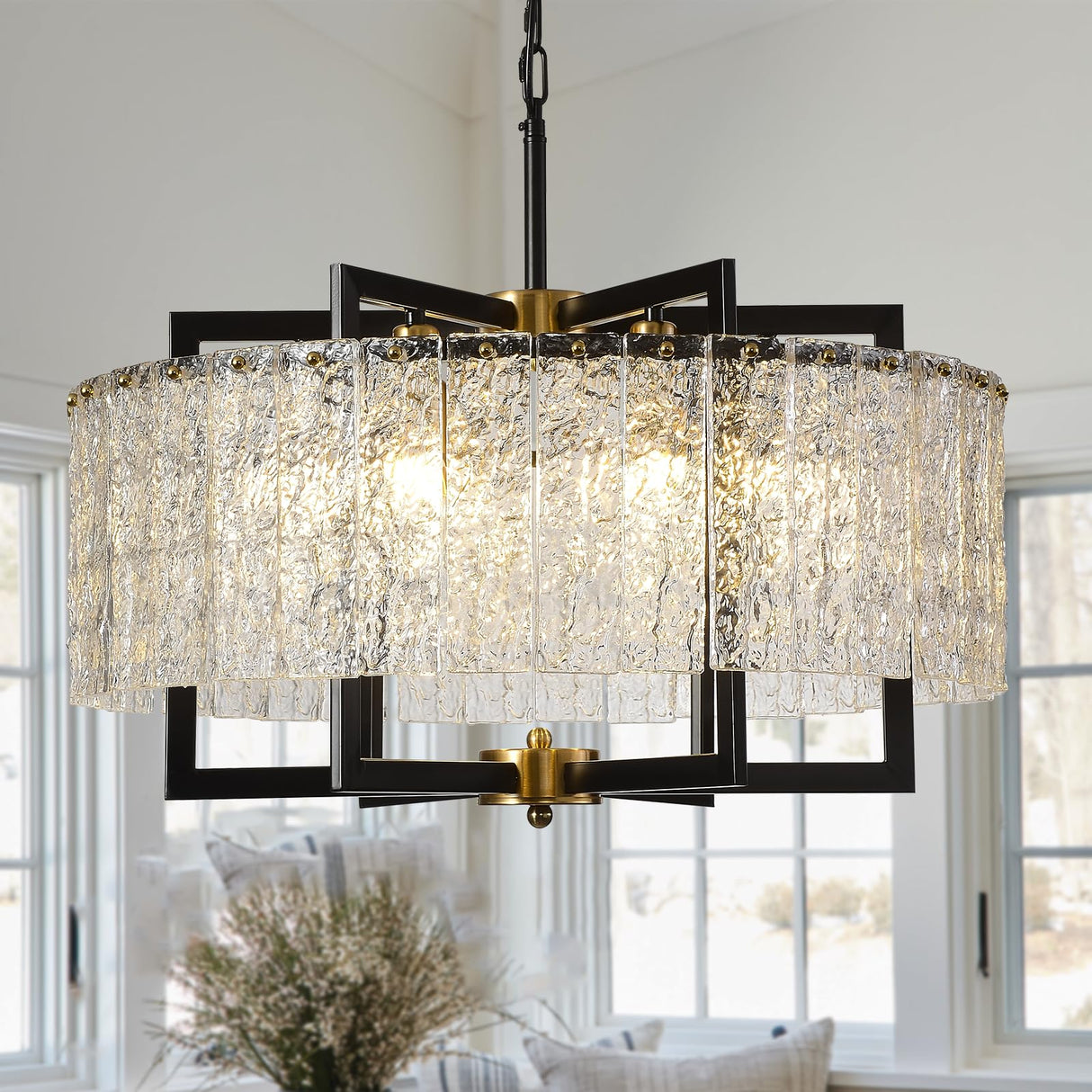 Crystal Drum Chandelier 6 Lights 23.6 inch, Modern Farmhouse Black Lighting Fixture