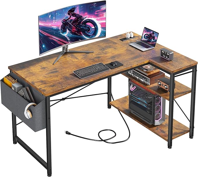 47" Computer Desk with Power Outlets,L Shaped Desk with Storage Shelves