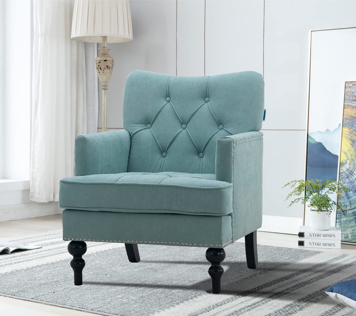 Artechworks Tufted Club Chair Fabric Modern Accent Single Sofa with Studded Nailhead Wooden Legs Armchair Comfy Upholstered for Club Living Room Bedroom Office Reading Room Blue and Green, Teal Green