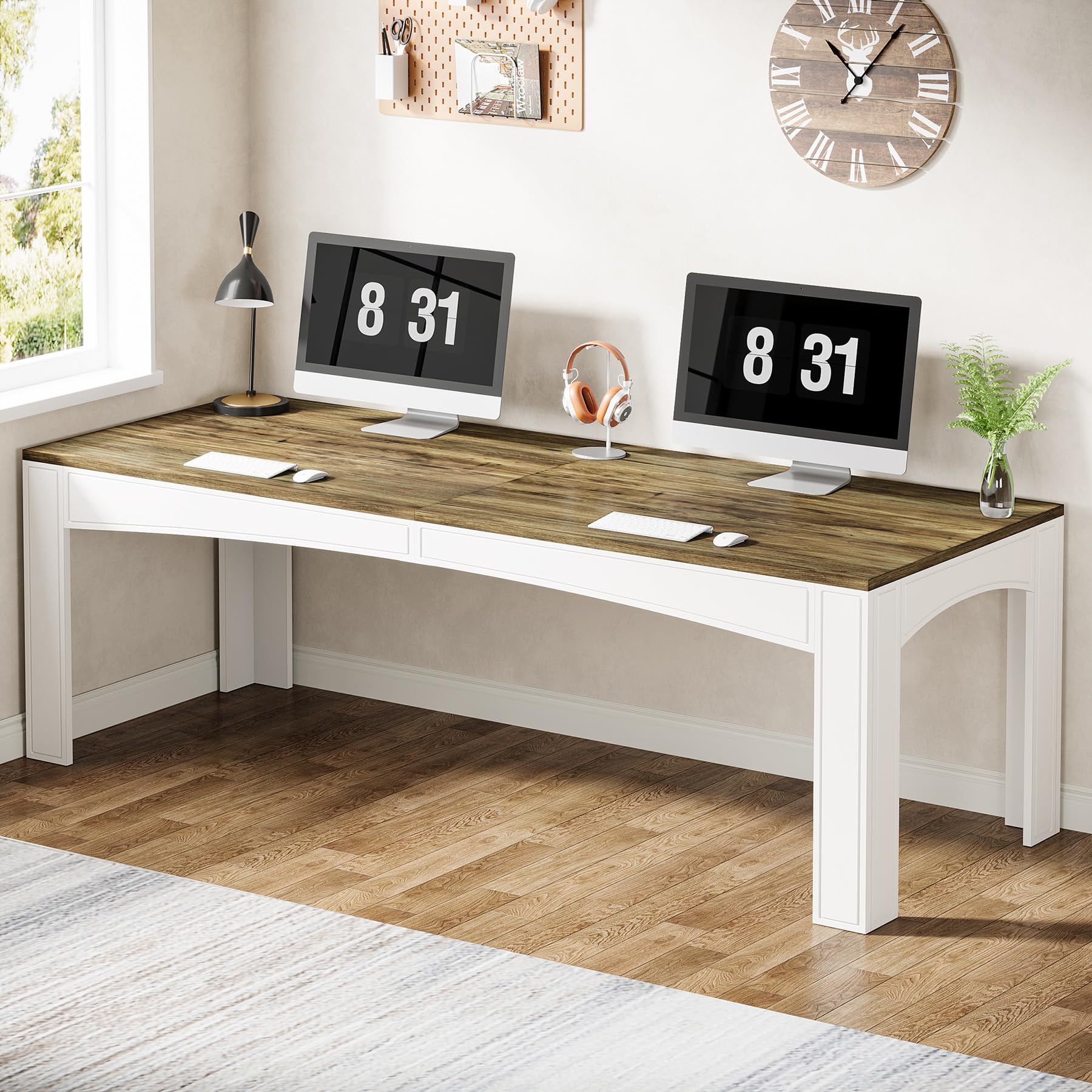 78.74-Inch 2-Person Desk, Extra Long Computer Desk for Two People, Wooden Large Double Desk Work Study Writing Desk for Home Office, Brown & White