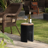 LuxenHome Outdoor Accent Side Table, 18'' Black with Natural Rattan Finish Cement Patio End Table, U - Shaped Base Garden Stool for Patio Backyard, Outdoor Furniture for Lawn Balcony Porch - Bircata