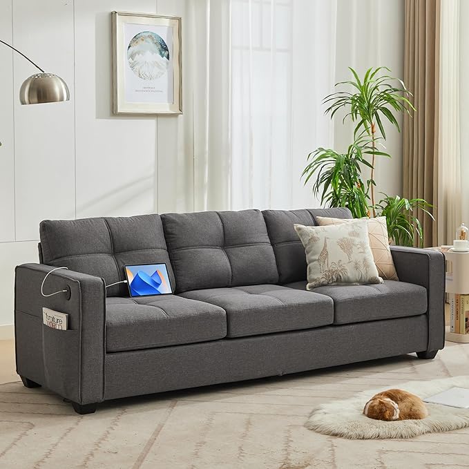 65" W Morden Linen Fabric Sofa Couch w/ 2 USB Charging Ports and Wide Arms