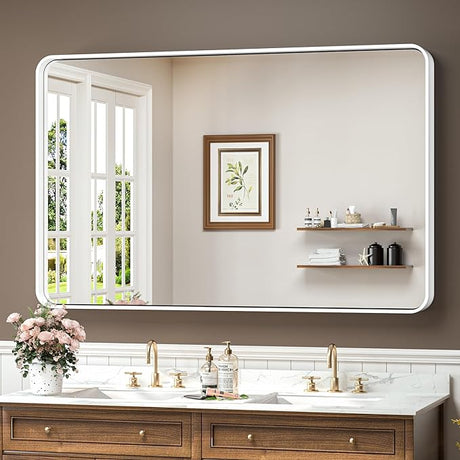 48 x 30 Inch Brushed Silver Bathroom Mirror for Wall Brushed Brass Metal Rounded Corner