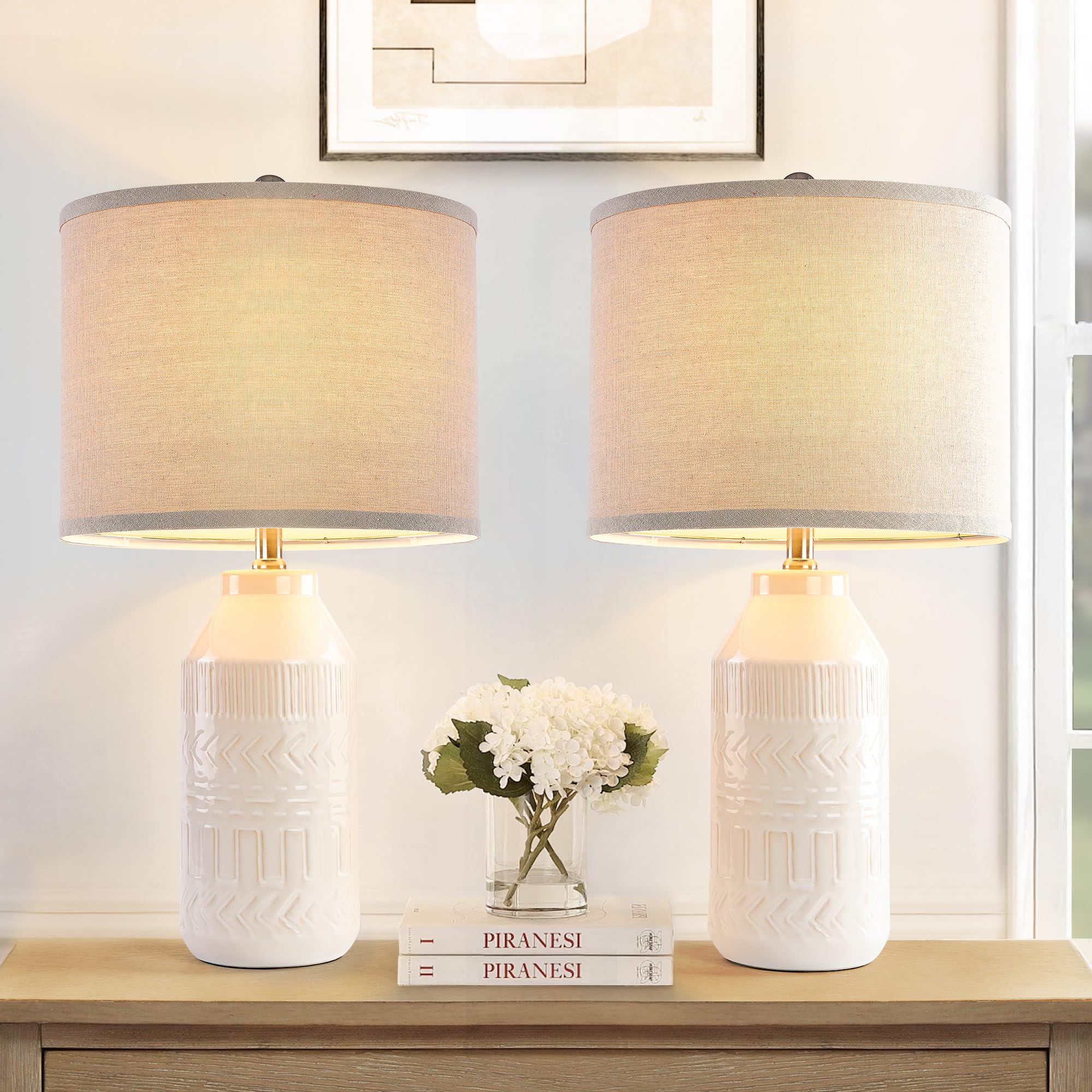 24" Set of 2 White Table Lamp for Living Room, 3 Way Dimmable Ceramic Bedside Lamp