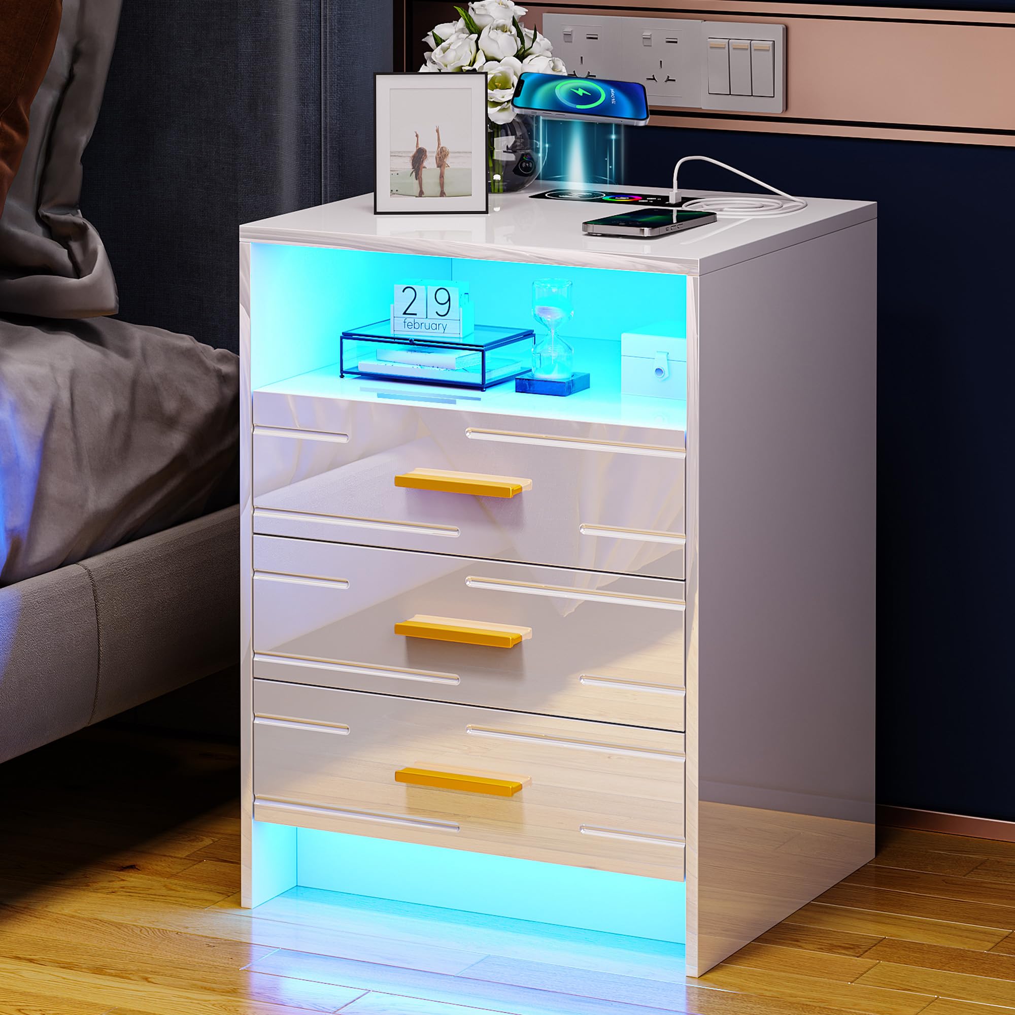 RGB LED Nightstand with Wireless Charging Station, Smart Night Stand with Motion