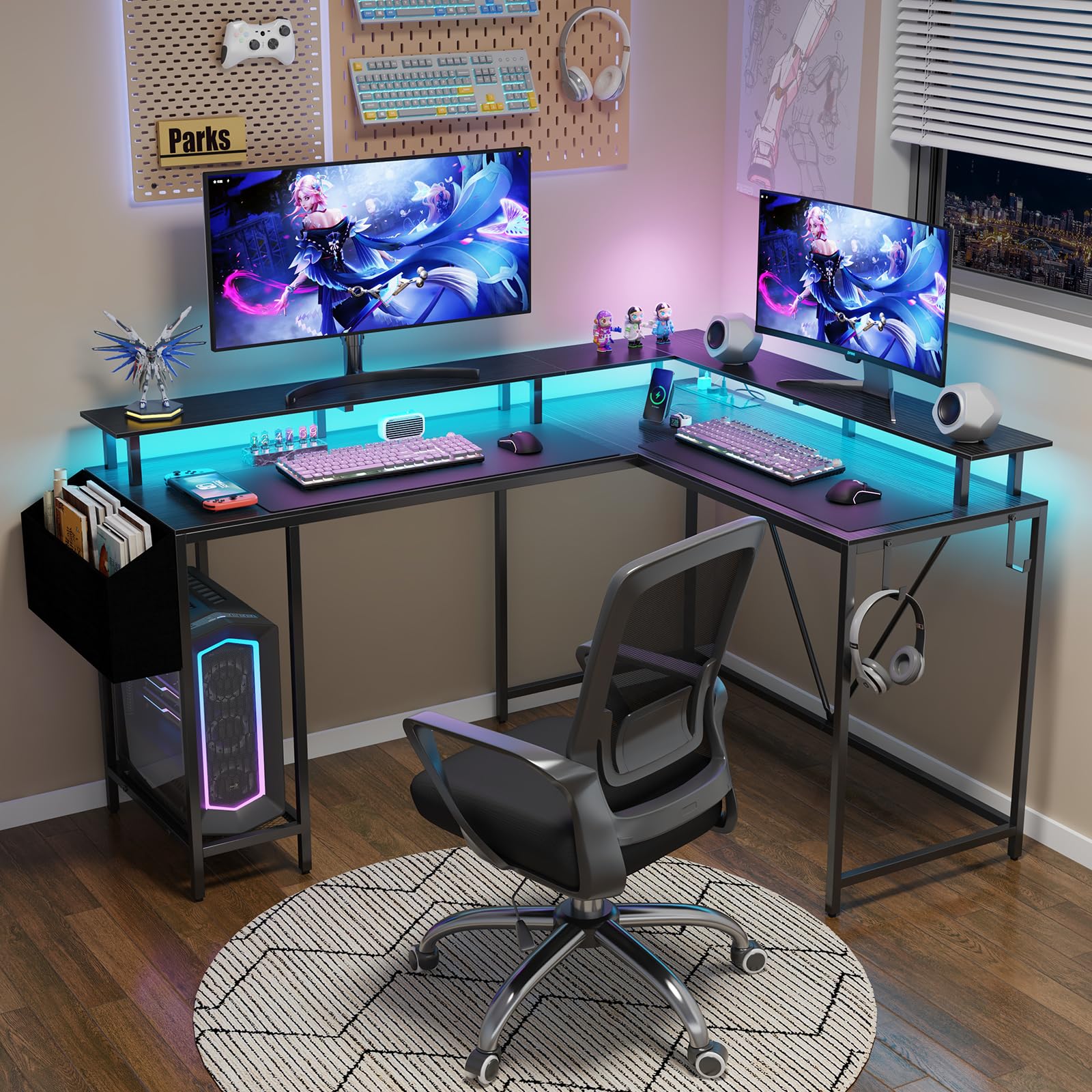 Eivanet 53inch L Shaped Desk,L Shaped Gaming Desk with Power Outlets & LED Lights