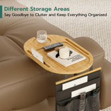 Couch Side Table with Adjustable Heights, Bamboo Sofa Tray Table with Storage Pocket