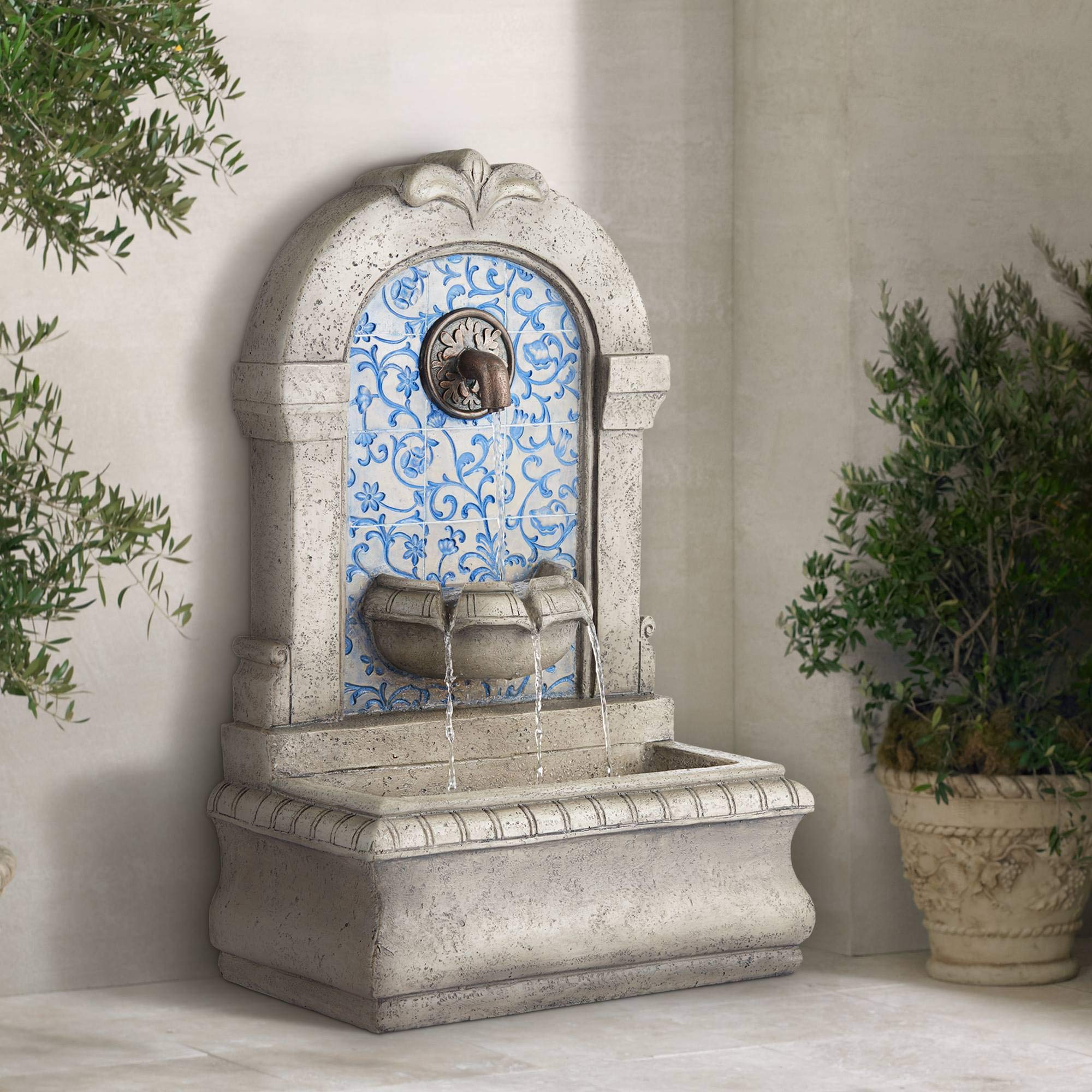 Modern Outdoor Floor Water Fountain Stone Classic Blue Tile Mosaic 30 1/4" for Garden