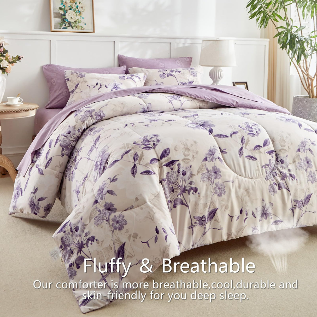 7-Piece Queen Size Bed in a Bag Comforter Set - Lilac Purple Floral Ensemble